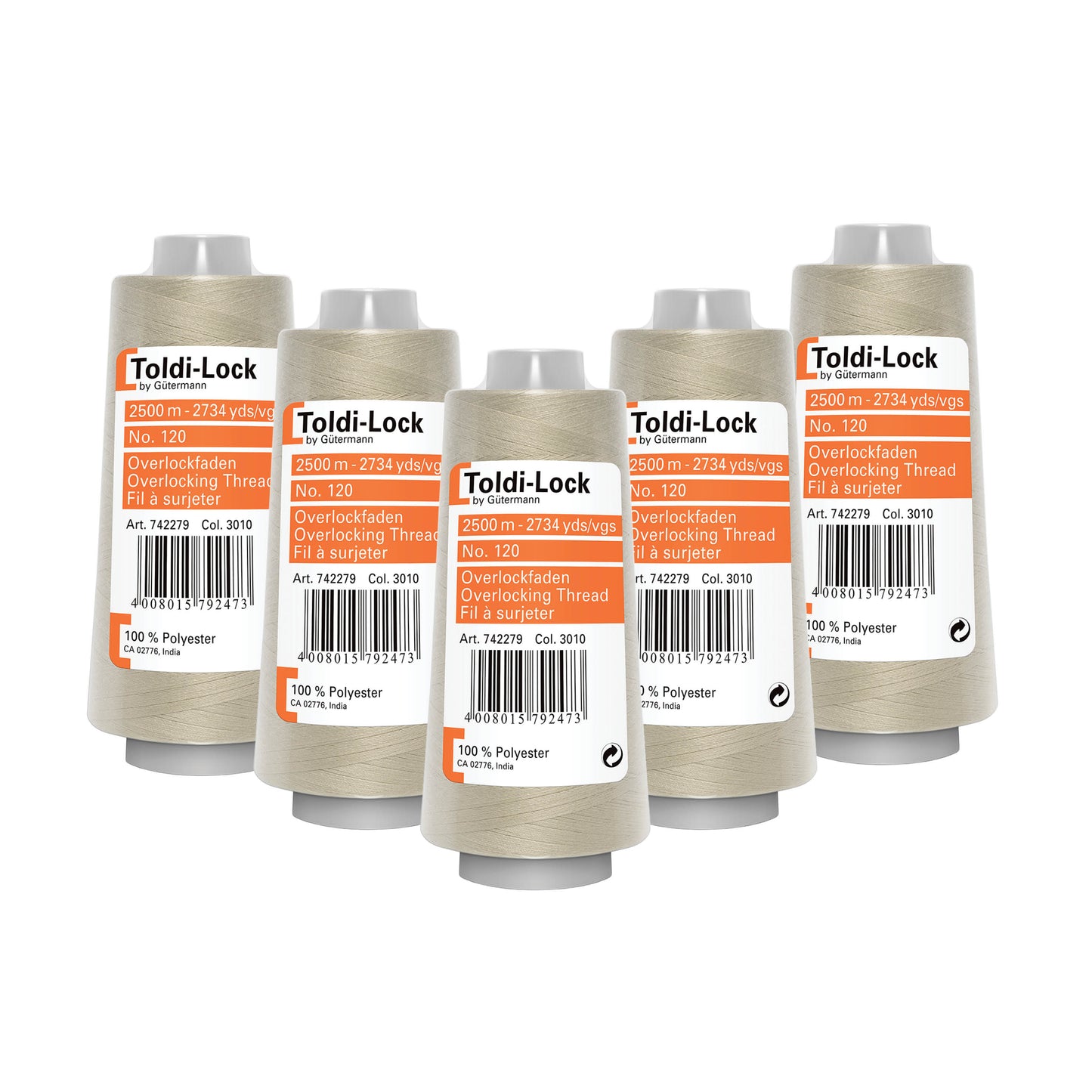Toldi-lock overlocktråd beige – 5 ruller á 2.500 meter