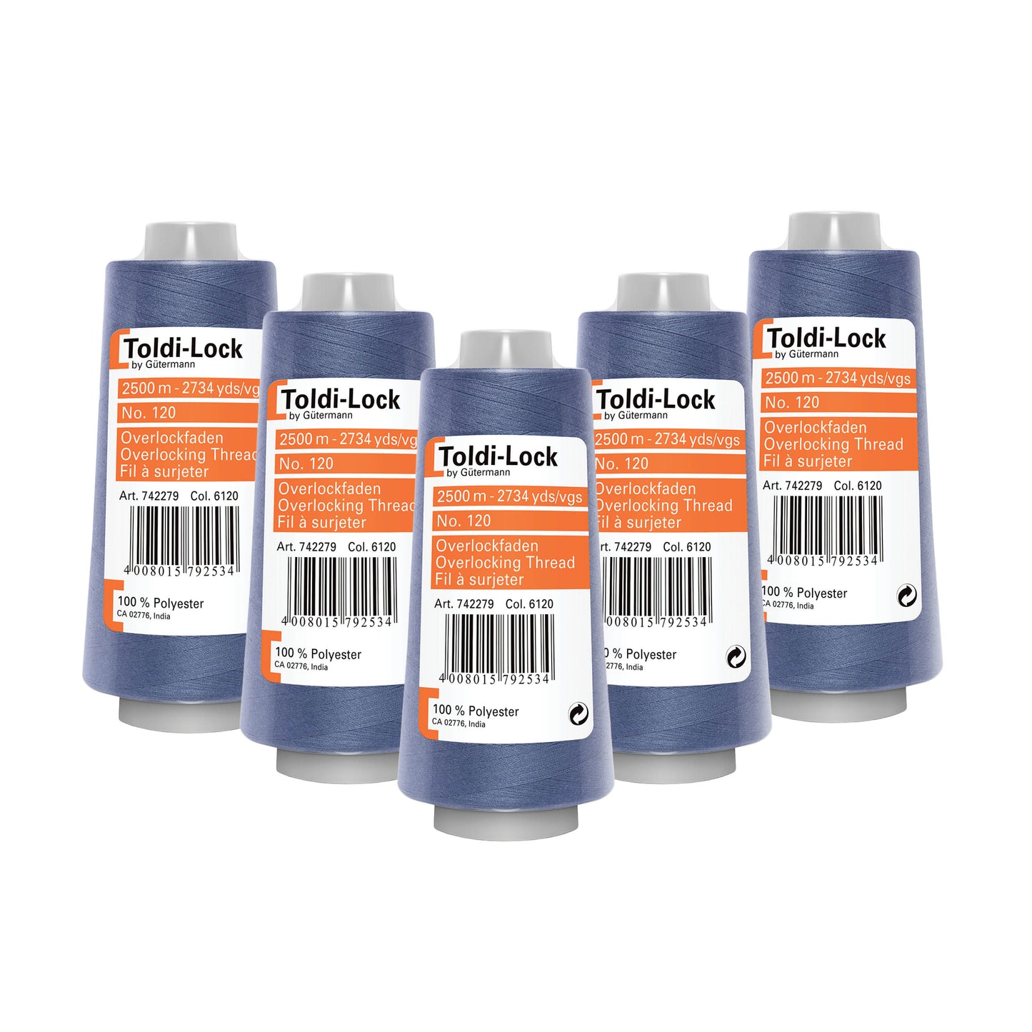 Toldi-lock overlocktråd blå – 5 ruller á 2.500 meter