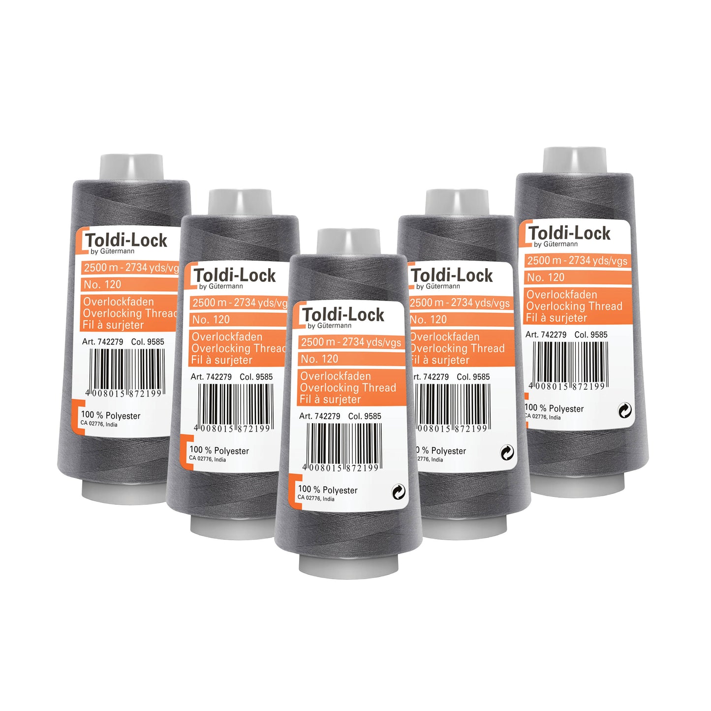 Toldi-lock overlocktråd mørkgrå – 5 ruller á 2.500 meter